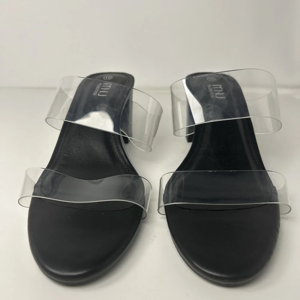 MUSSHOE Clear Two Strap Block Heel Sandals Black Women's Size 10 NWB